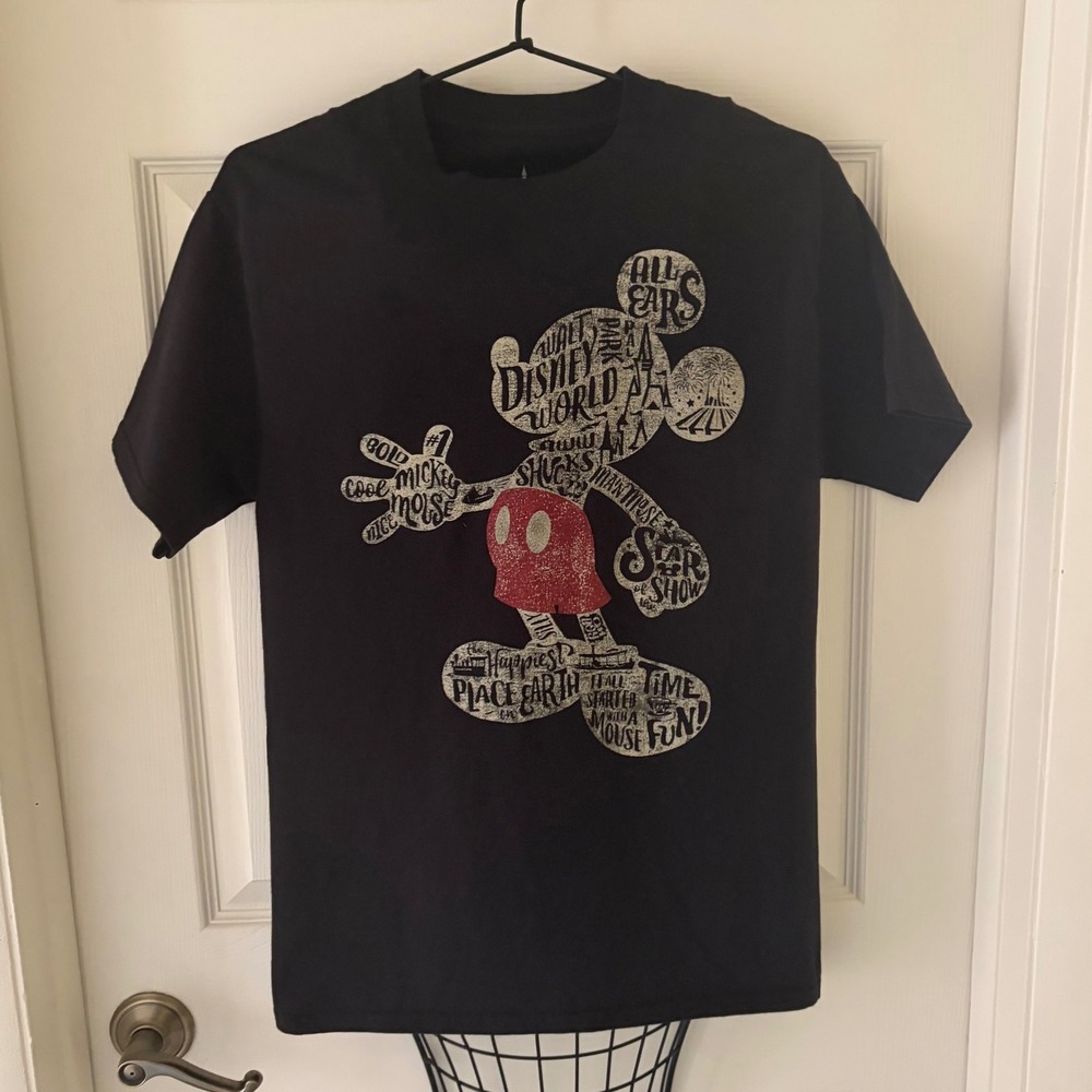 Disney Parks Mickey Mouse WordArt Graphic T-Shirt Black Mens Adult Size M WDW